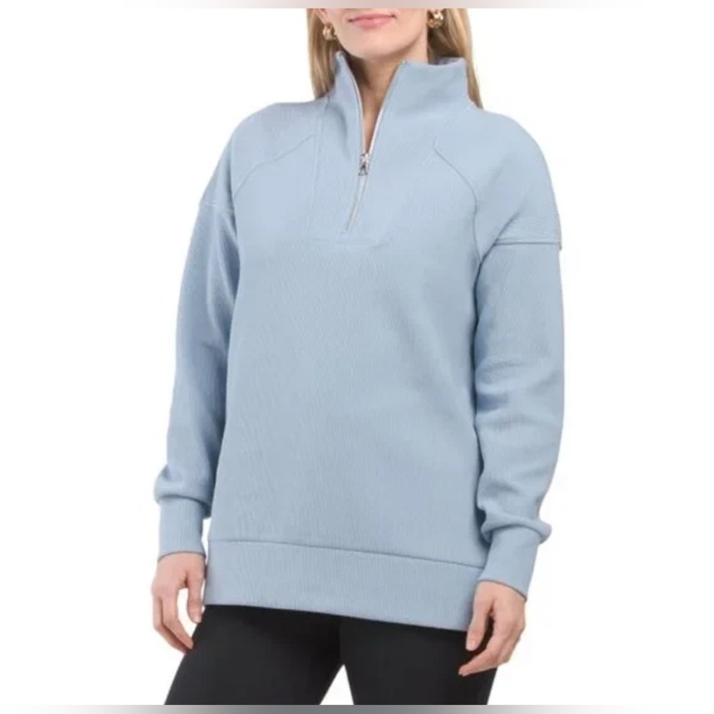 Te Verde Women's Ribbed Quarter Zip Pullover Textured Ottoman Size  S Steel Blue
